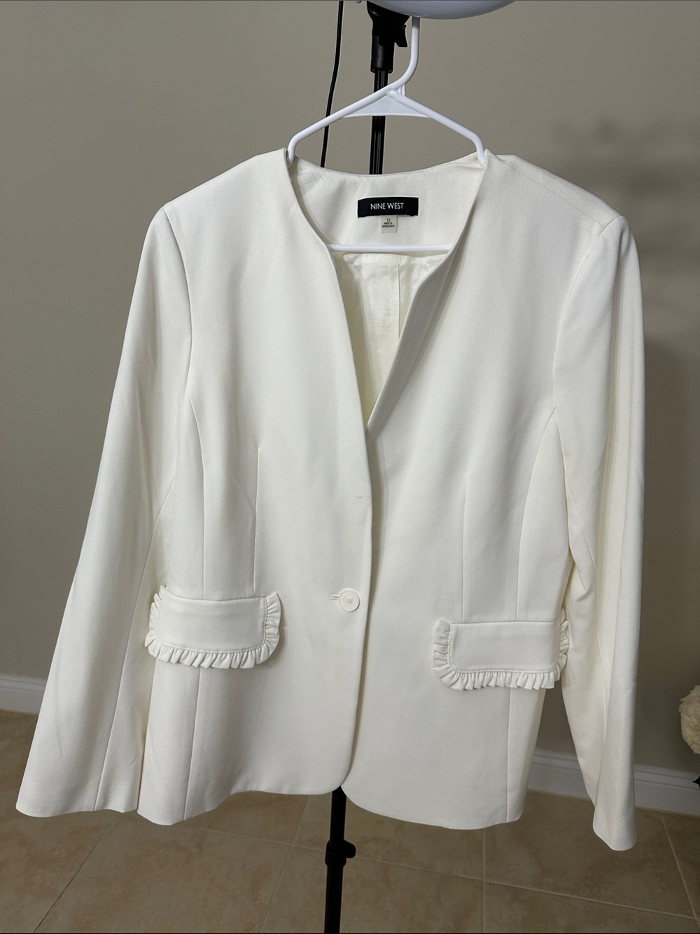 Nine West Cream Single-Button Ruffle Pocket Blazer